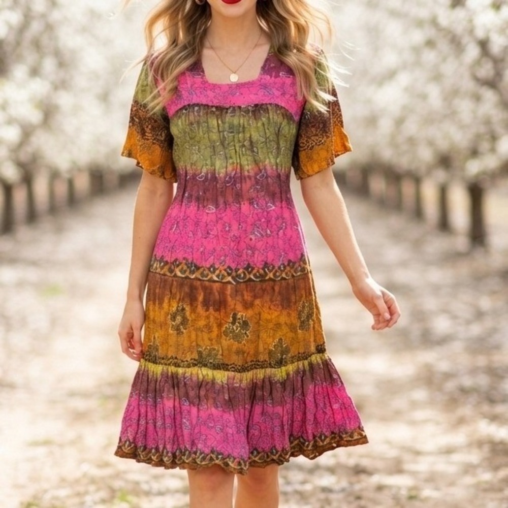 Haband Pink Paisley Breathable Midi Dress Womens Medium Boho Tiered Short Sleeve